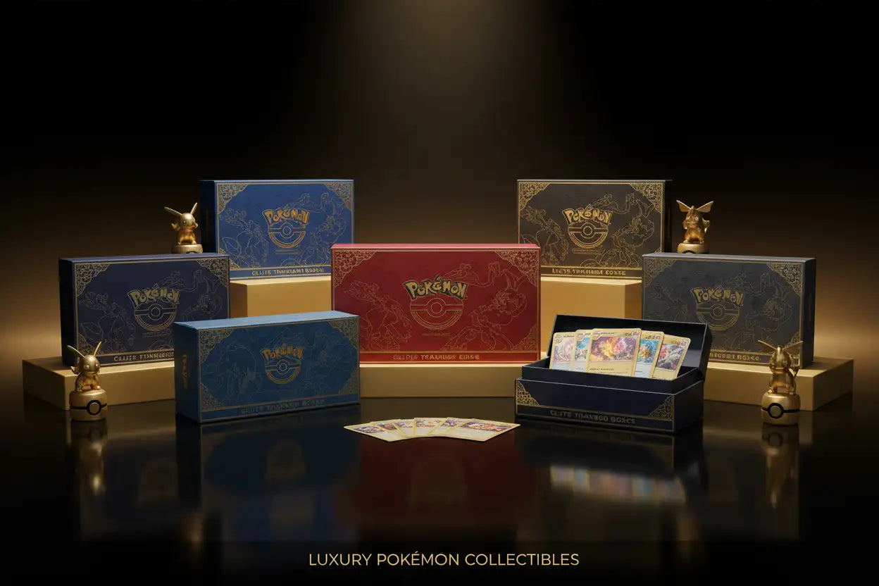 Elegant blue and red pokémon luxury trainer boxes with gold foil detailing, each adorned with a golden pikachu figurine on its base.