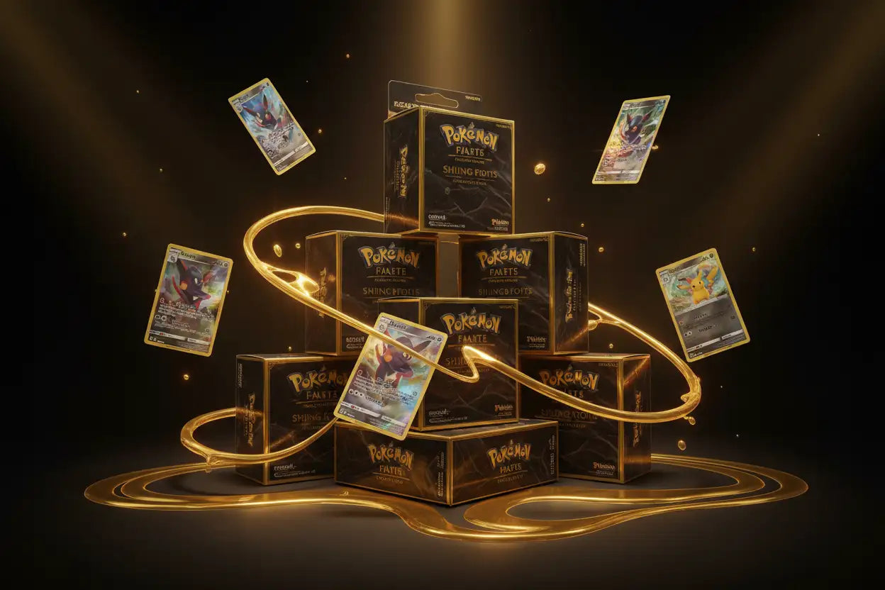Stack of black pokémon tcg ’shining foothills’ booster boxes with gold foil accents and holographic card illustrations floating around them.