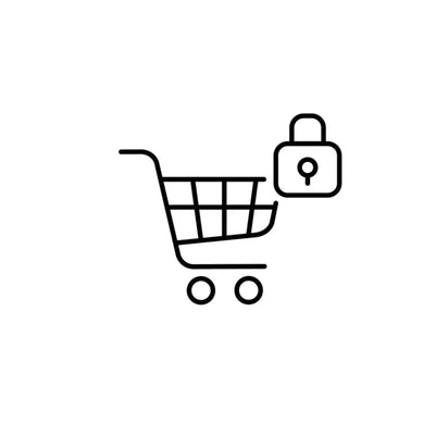 Black line art shopping cart icon with a padlock symbol beside it.