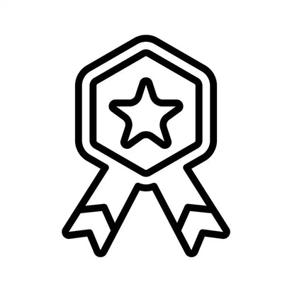 Black outline icon of a hexagonal award ribbon with a star in the center.