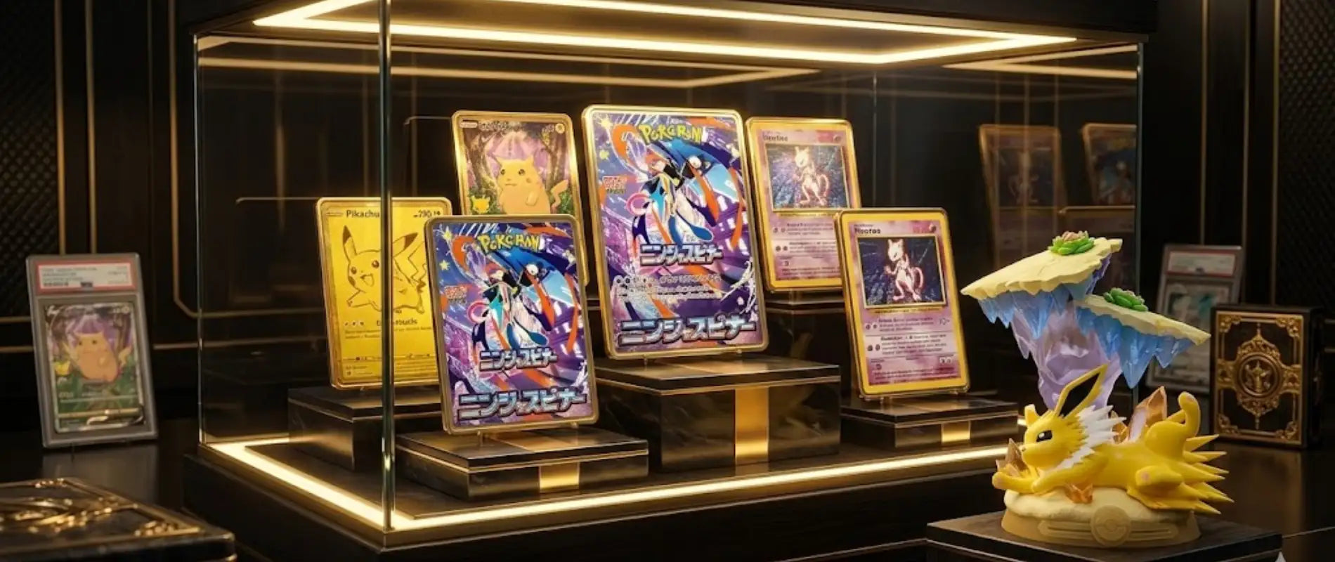 A golden-framed pokémon trading card display case showcasing collectible cards and a yellow eevee figurine.