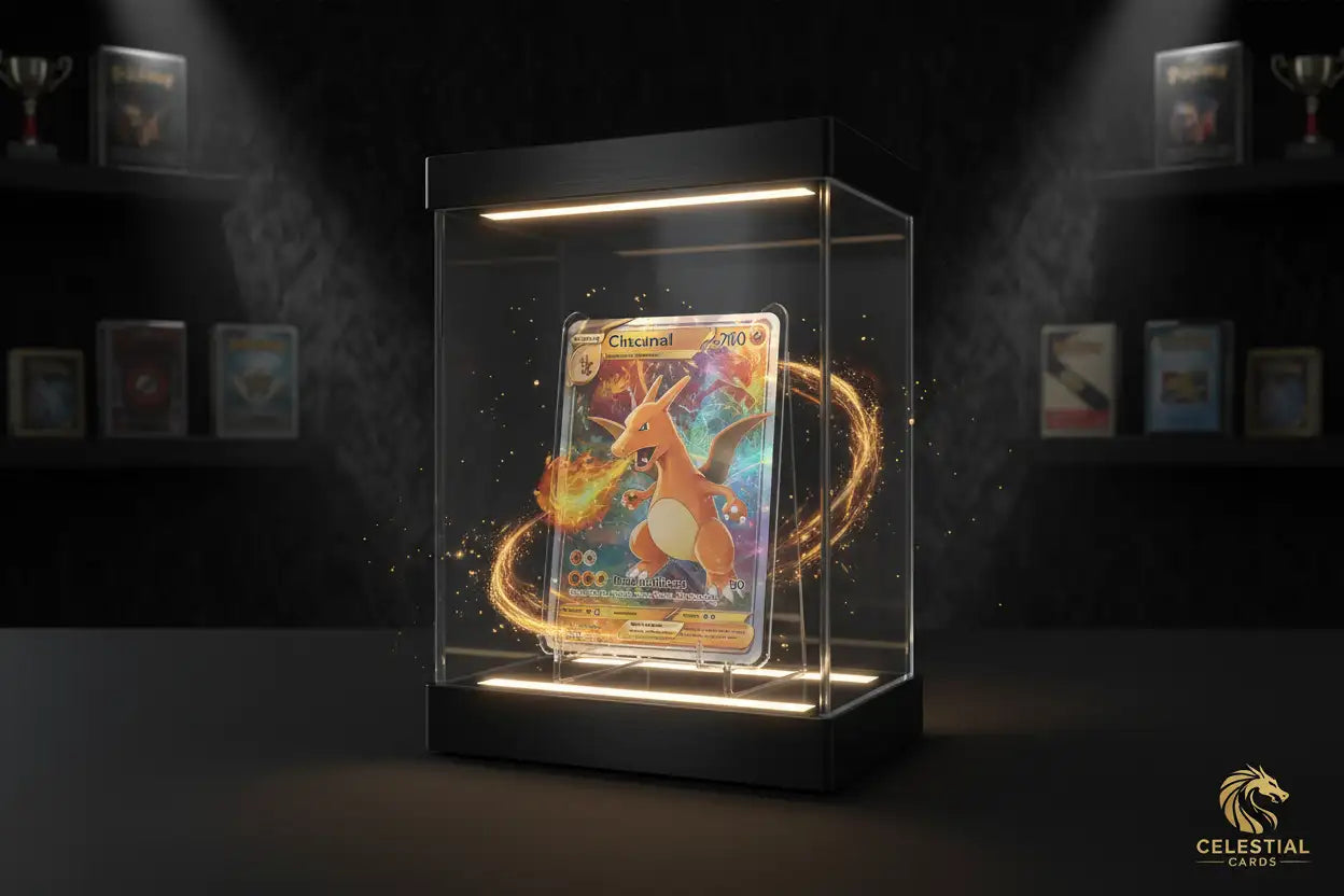 A golden-hued charizard pokémon card, encased in a sleek black-framed transparent display box with internal lighting.