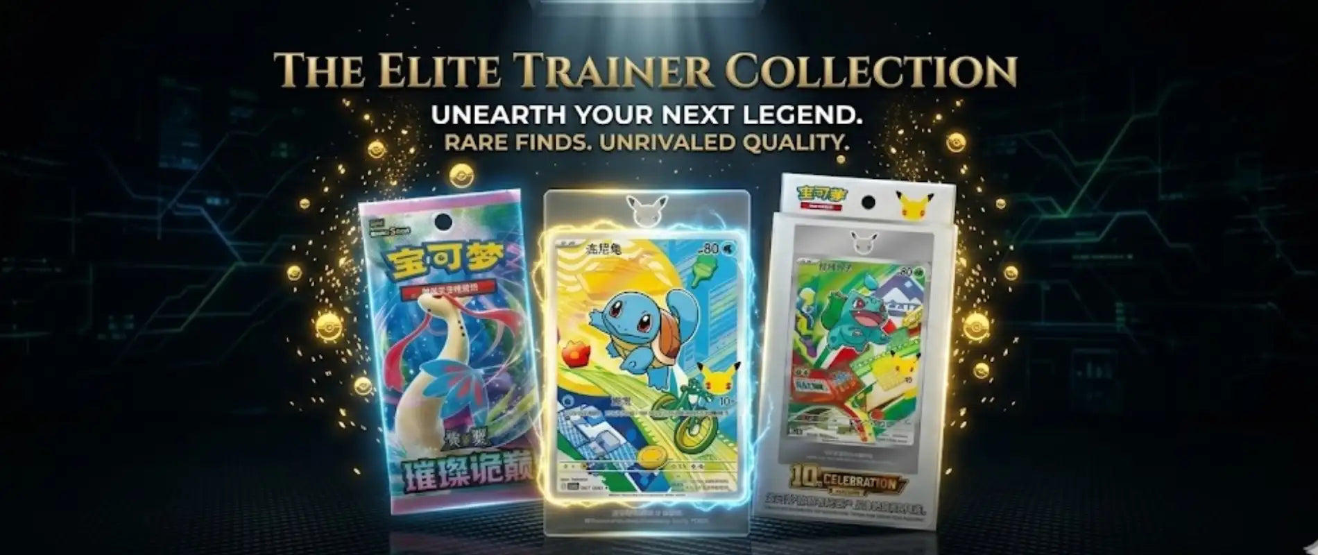 Three pokémon trading card packs from the elite trainer collection, featuring colorful designs with characters like blastoise and pikachu in vibrant packaging.